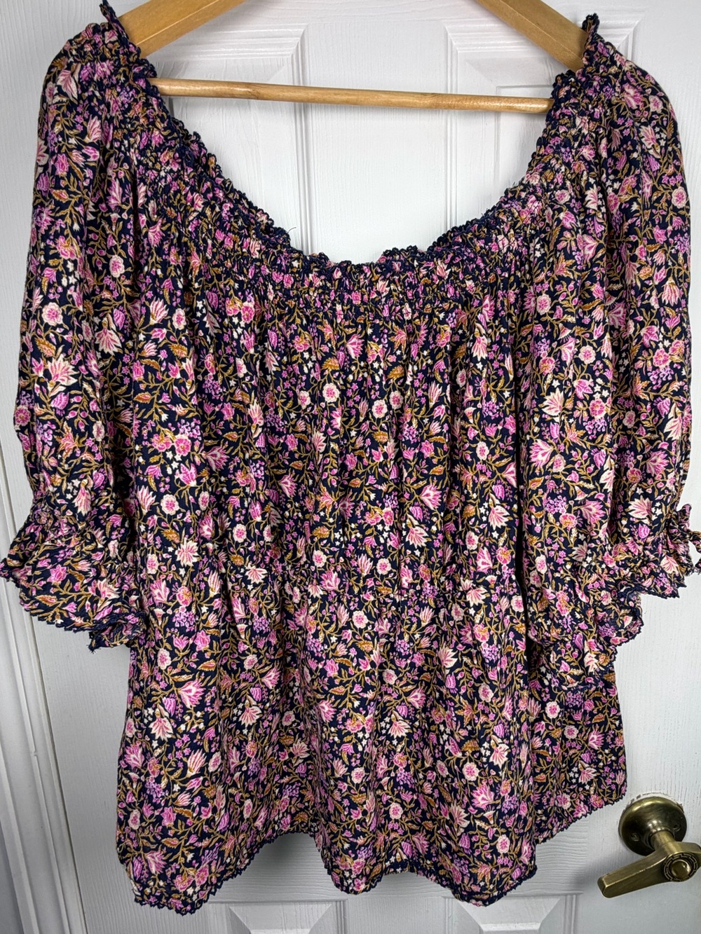 Old Navy Pink Floral Peasant Blouse Women's 2X Smocked Off Shoulder Cottagecore